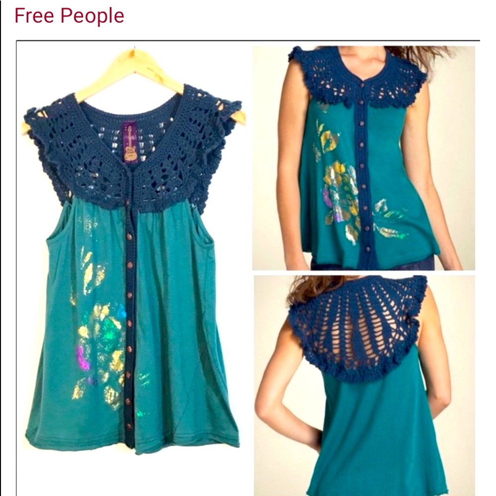 Free People Decorative Blue Green Vest Top